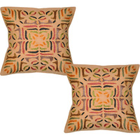 Indian Cotton Cushion Covers Pair Embroidered Orange Retro Pillow Case Throw 16 Inch