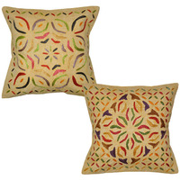 Indian Cotton Cushion Covers Pair Embroidered Floral Pattern Pillow Cases 40 Cm