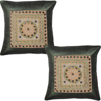 Indian Cotton Cushion Covers Pair Embroidered Mirror Black Pillow Cases 43 Cm 2 Pc