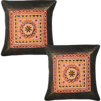 Indian Cotton Cushion Covers Brown Mirror Brocade Square Pillow Covers Pair 43 Cm