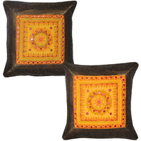 Ethnic Mirror Cushion Covers Silk Brown Brocade Sofa Square Pillow Cases 17 Inch 2 Pc