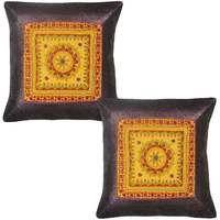 2 Pc Silk Cushion Cover Banarasi Brocade Adorn Mirror Work Embroidery 17 Inch