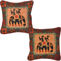 Indian Cotton Cushion Covers Pair Suzani Embroidered Patchwork Elephant Pillows