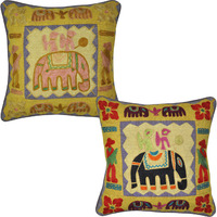 Indian Cotton Cushion Covers Pair Suznai Elephant Patchwork Pillowcases 45cm 2pc
