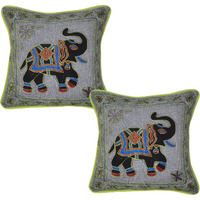 Indian Cotton Cushion Covers Embroidered Elephant Grey Square Pillow Cases 43 Cm