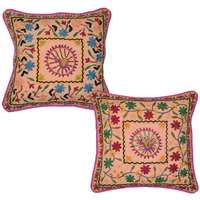 Indian Cotton Cushion Covers Floral Embroidered Handmade Pillow Covers Pair 43 Cm