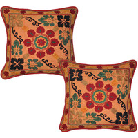 Indian Cotton Pillow Cases Floral Embroidered Orange Retro Cushion Covers 43 Cm