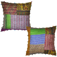Indian Patchwork Cushion Covers Pair Embroidered Raw Silk Sofa Pillow Cases 40 Cm