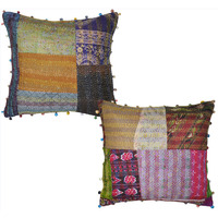Ethnic Patchwork Cushion Covers Pair Raw Silk Square Sofa Pillow Cases 2 Pc 40 Cm
