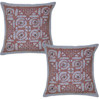 Indian Cotton Cushion Covers Heavy Mirror Embroidery Work 16 Inch 2 Pc