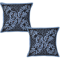Ethnic Cotton Cushion Covers Pair Embroidered Mirror Cut Pattern Pillowcases 16 Inch