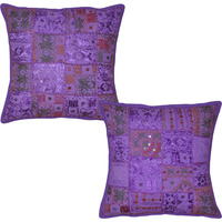 Indian Patchwork Cushion Covers Pair Embroidered Bohemian Cotton Pillowcases 16 Inch