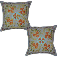 Indian Cotton Cushion Covers Pair Embroidered Floral Blue Pillow Case Square 16 Inch