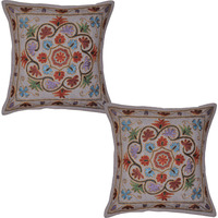 Indian Cotton Cushion Covers Pair Floral Embroidered Brown Square Pillowcase 16 Inch