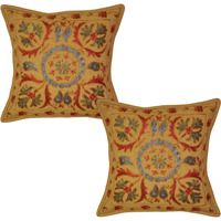 Indian Cotton Cushion Covers Pair Brown Floral Embroidered Retro Pillowcases 16 Inch