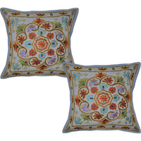 Home Decor Cotton Cushion Covers Pair Embroidered Floral Blue Pillow Covers 40 Cm