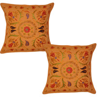 Vintage Retro Cushion Covers Set Of 2 Pc Floral Embroidered Orange Pillowcases
