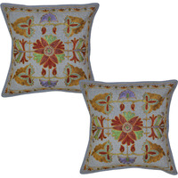 Vintage Cotton Cushion Covers Pair Floral Embroidered Blue Pillow Case Throw 16 Inch