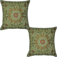 Indian Cotton Cushion Covers Pair Embroidered Floral Green Square Pillowcase 16 Inch