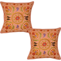 Indian Cotton Cushion Covers Pair Floral Embroidered Peach Square Pillow Cases