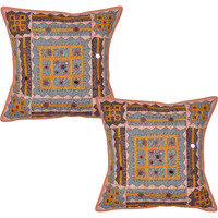 Indian Patchwork Cushion Covers Pair Embroidered Mirror Peach Cotton Pillowcases