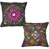 40 Cm Black Cotton Embroidered Cushion Covers Pair Floral Indian Pillow Cases New