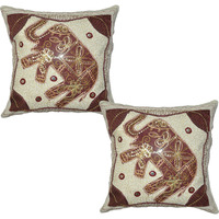 Indian Cotton Cushion Covers Pair Embroidered Elephant White Pillow Cases 40 Cm
