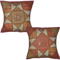 Patchwork Retro Cushion Covers Pair Embroidered Mirror Cotton Pillow Cases 40 Cm