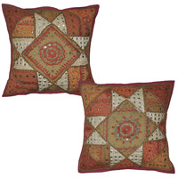 40 Cm Indian Cotton Cushion Covers Set Of 2 Pc Retro Patchwork Mirror Pillowcases