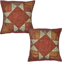 Indian Cotton Cushion Covers Pair Mirror Patchwork Cotton Square Pillowcases 16 Inch