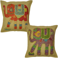 Ethnic Cotton Cushion Covers Set Of 2 Pc Elephant Patchwork Green Pillowcases 16 Inch