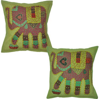 Ethnic Cotton Cushion Covers Patchwork Elephant Green Bedding Pillowcase Set 16 Inch