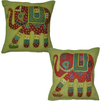 Indian Elephant Cushion Covers Pair Patchwork Cotton Green Pillowcases Throw 16 Inch