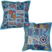 Indian Embroidered Patchwork Living Room Cushion Cover Pair 40 X 40 Cm