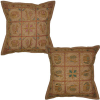 Indian Embroidered Throw Pillowcase Cotton Cushion Cover Pair 2 40 X 40 Cm