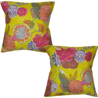 Cotton Cushion Covers Indian Handmade Kantha Yellow Pillow Case 16 X 16 Inch
