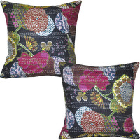 Pillow Case Throw Indian Vintage Handmade Cotton Black Cushion Covers Pair 16 Inch