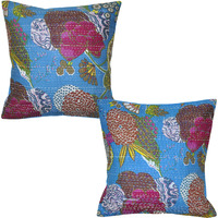 Indian Throw Pillow Cases Printed Handmade Cotton Cushion Covers Pair 16 Inch X 16 Inch
