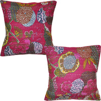 Indian Vintage Handmade Kantha Printed Cotton Pink Cushion Covers Throw 16 Inch X16 Inch
