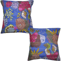Vintage Indian Printed Cotton Cushion Covers Handmade Blue Pillow Case Throw 16 Inch