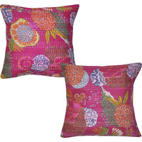 Ethnic Indian Designer Floral Printed Traditional Kantha Work Cotton Pillow Cushion Cover