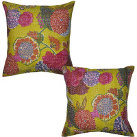 Handmade Fruit Printed Cushion Covers Set Kantha Yellow Pillow Cases Throw 41 Cm