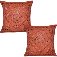 Indian Retro Cushion Covers Pair Embroidered Mirror Cotton Red Pillow Cases 40 Cm