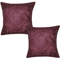 Vintage Retro Cushion Covers Pair Embroidered Mirror Cotton Maroon Pillowcases