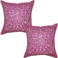 Indian Embroidered Ethnic Cushion Covers Cotton Designer Pink Pillow Cases Pairs