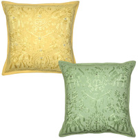 Indian Cushion Covers Pair Embroidere?d Green Cotton Pillow Cases Throw 16X16