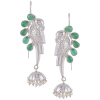 Silver-Plated & Green Peacock Shaped Handcrafted Jhumkas By Silvermerc Designs