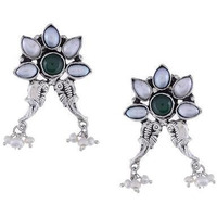 Silver-Plated & Green Floral Drop Earrings By Silvermerc Designs