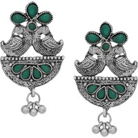 Classic & Green Turquoise & Silver Detailing Floral Design Studs Earrings By Silvermerc Designs