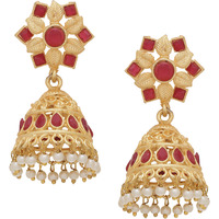 Beautiful Red Turquoise & Fresh Water Pearls Gold Tone Jhumka Earrings By Silvermerc Designs